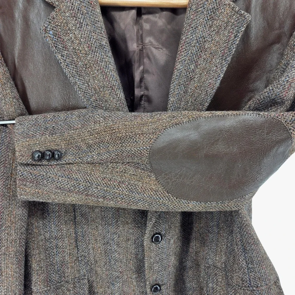 Vintage 80s‎ Union Made Tweed & Leather Sport Coat Blazer Brown Wool USA 46R